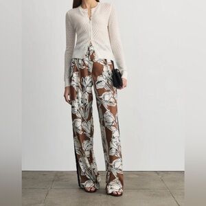 Tanya Taylor Brown Wide-Leg Satin Pants with White Floral Print